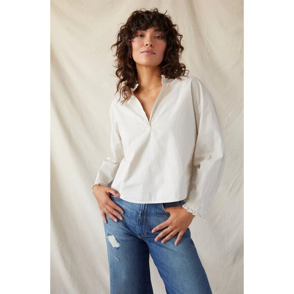 AMO Rosa Ruffle Shirt Pumice Tan Long Sleeve Boxy Cotton Poplin Size Small - Picture 1 of 9